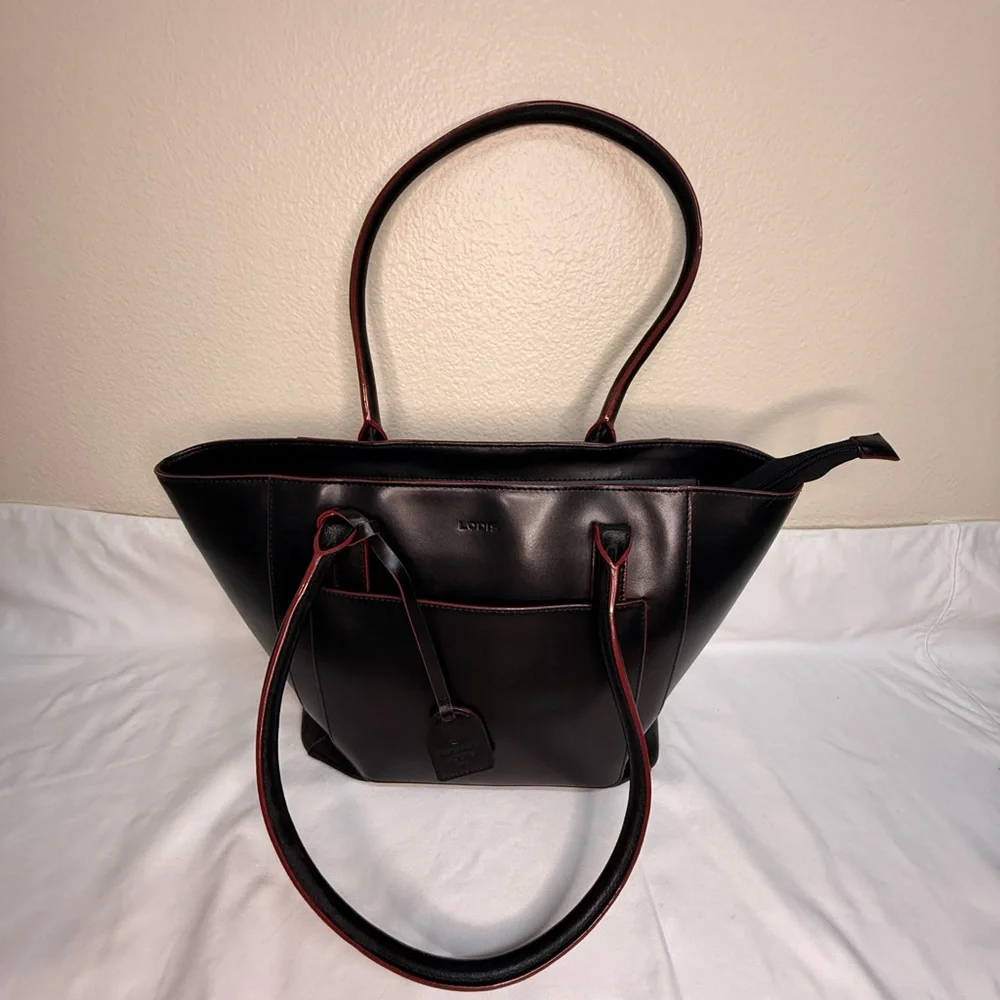 Lodis Black Red Edging Genuine Leather Large Tablet Tote Bag RFID & Cosmetic Bag